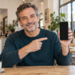 Hombre mostrando un teléfono en una cafetería; imagen ilustrativa generada con IA.