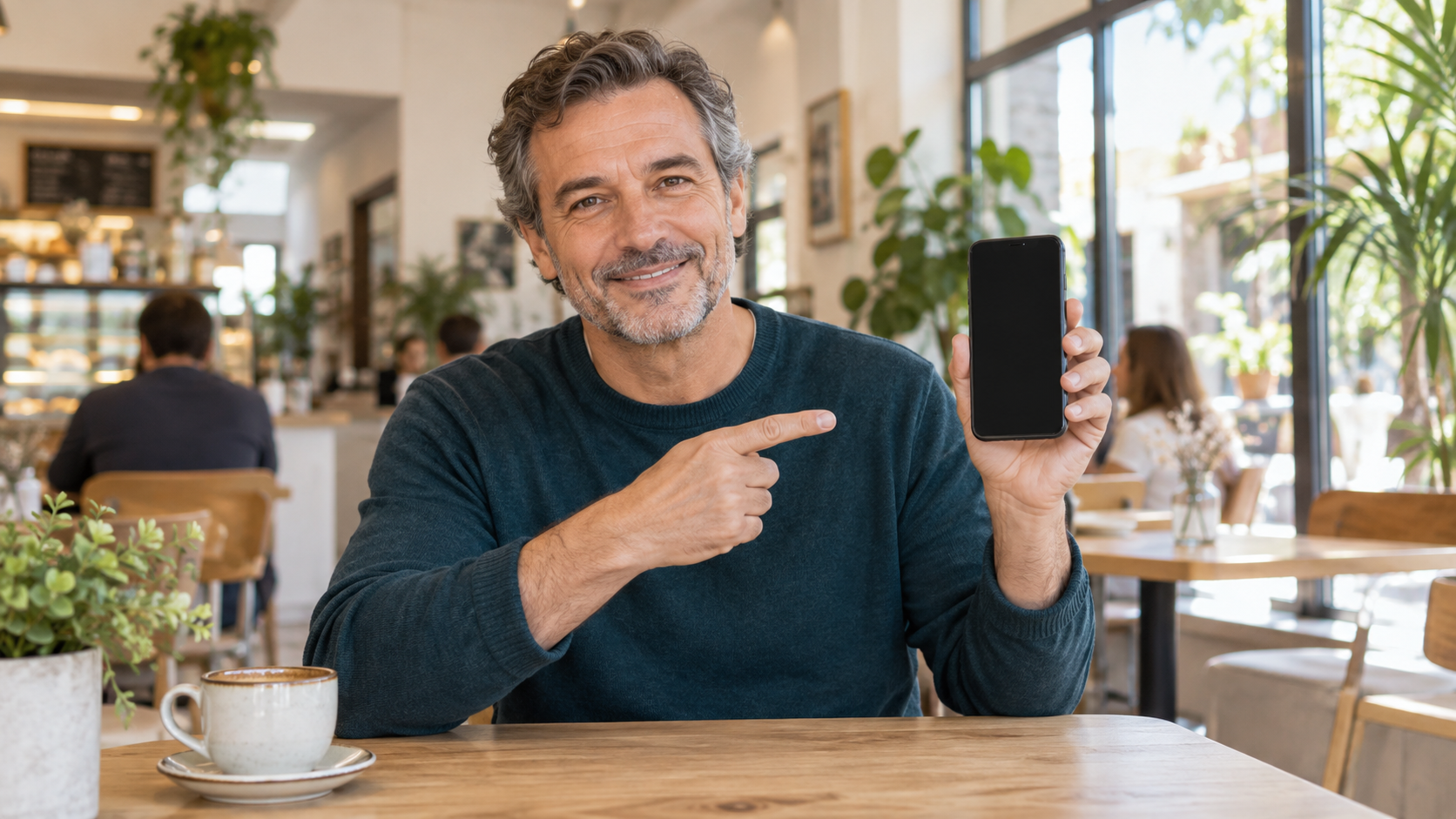Imagen ilustrativa de un hombre con un teléfono en una cafetería luminosa.